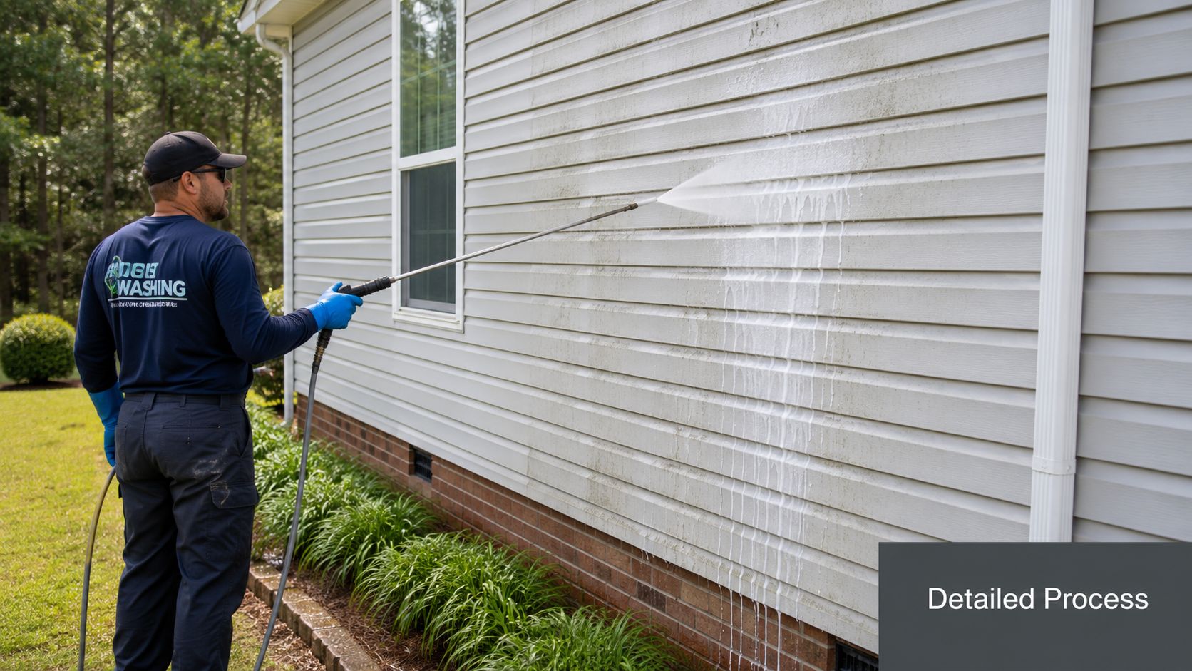 Pressure washer cleaning a weathered wooden deck, revealing clean wood